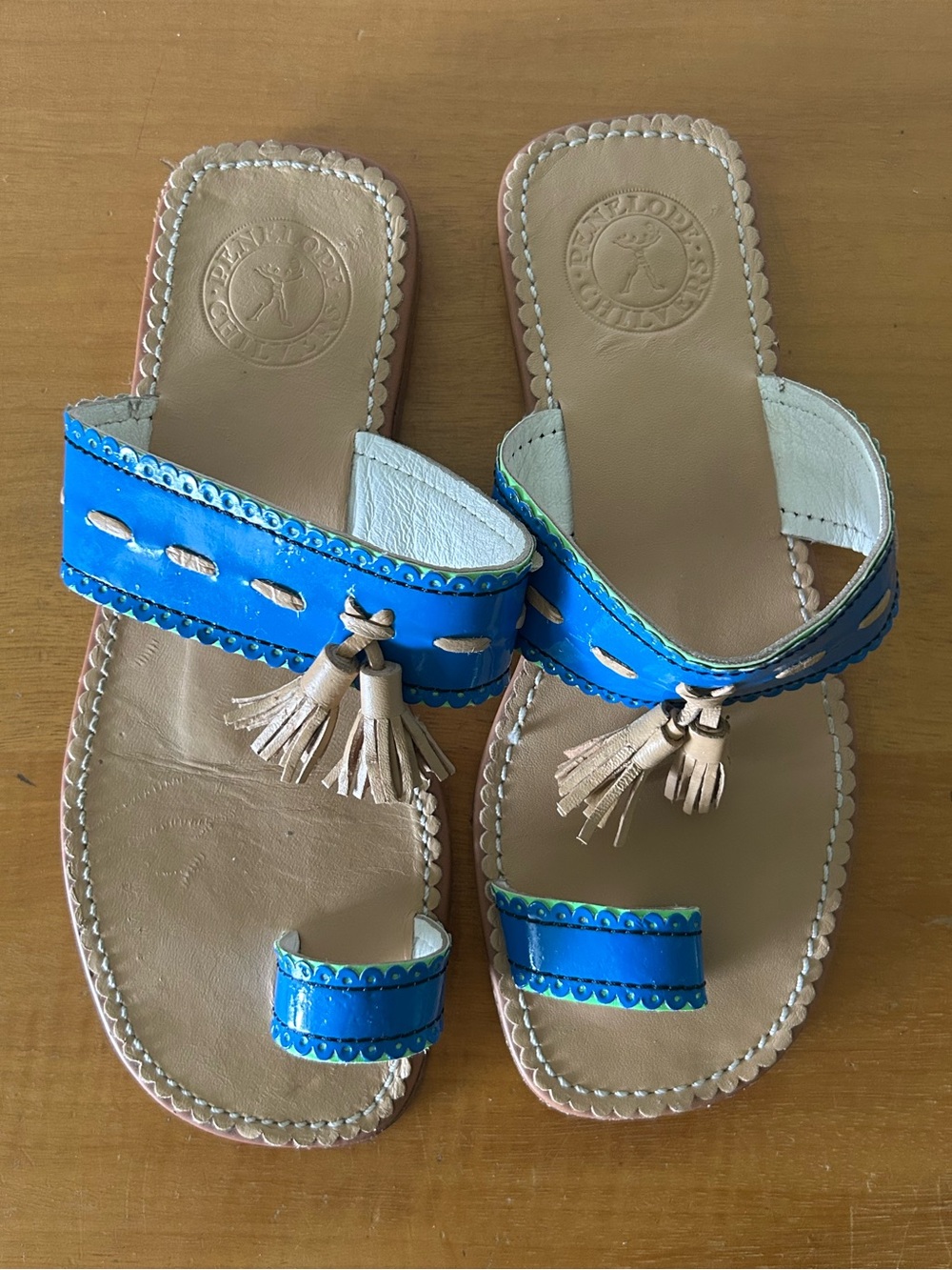 Penelope Chilvers Sandals Scalloped Blue Tassel  Leather Bono Preppy EU 36 US 5
